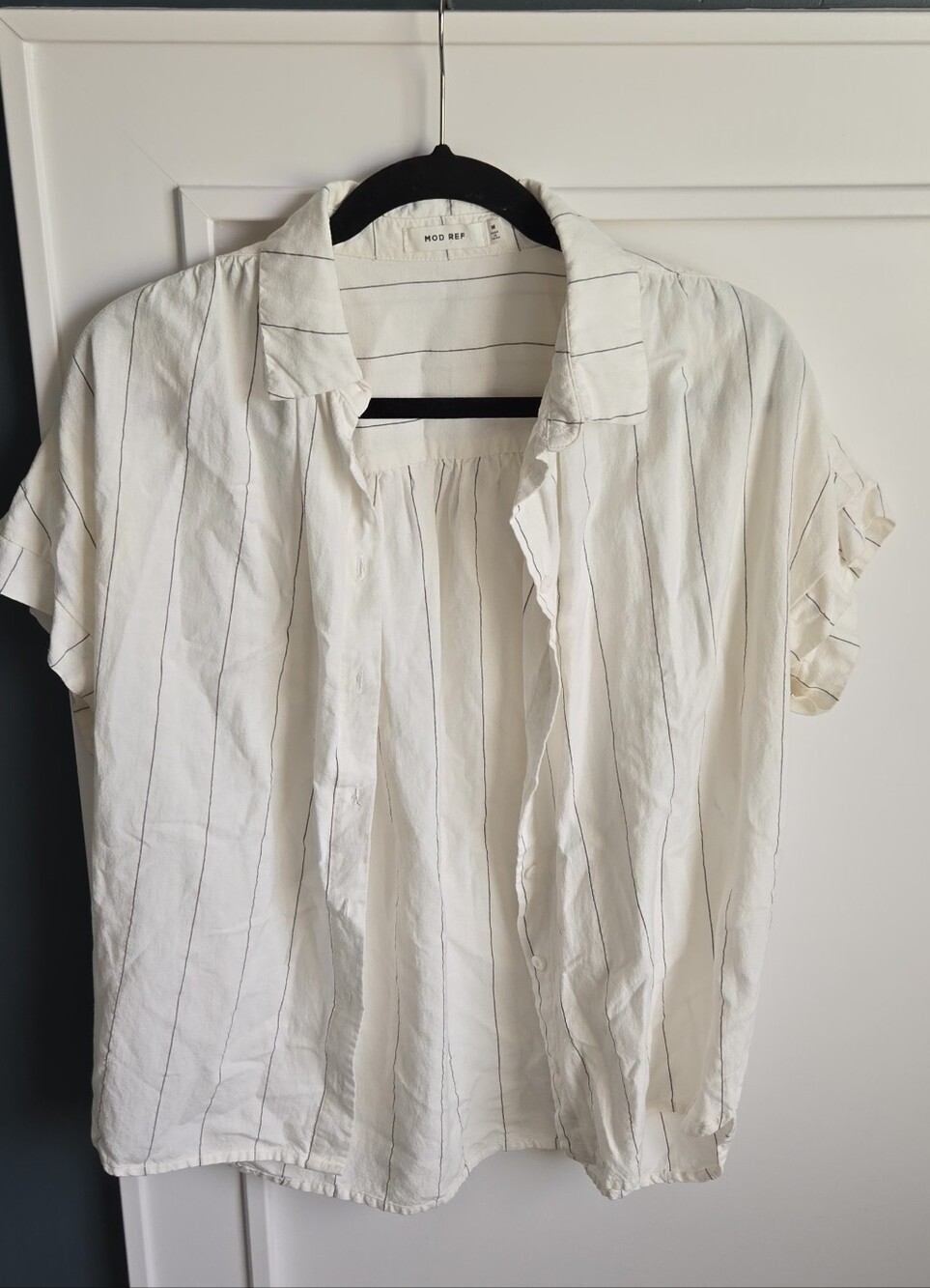 Mod Ref Off White Linen And Cotton Blend Button-Down Short Sleeve Shirt